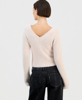 Juniors' V-Neck Metallic Eyelash Long-Sleeve Sweater