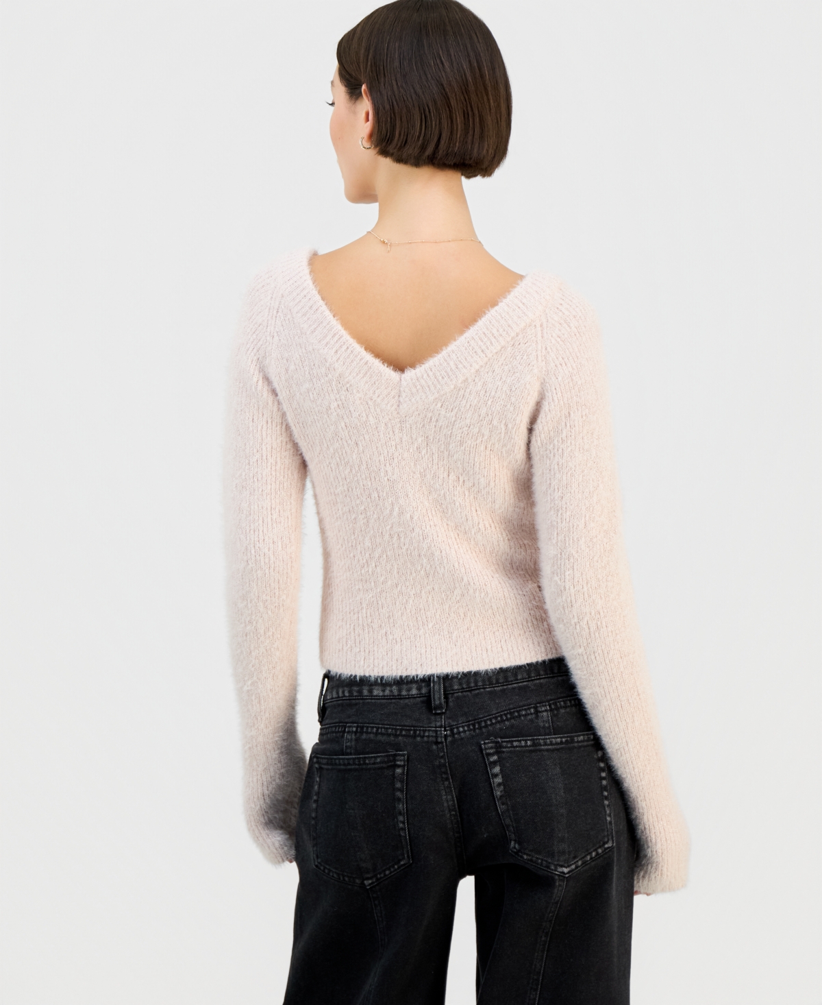 Planet Heart Juniors' V-Neck Metallic Eyelash Long-Sleeve Sweater