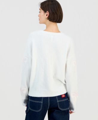 Juniors' Long-Sleeve Drop-Shoulder Lace Bow Crewneck Sweater