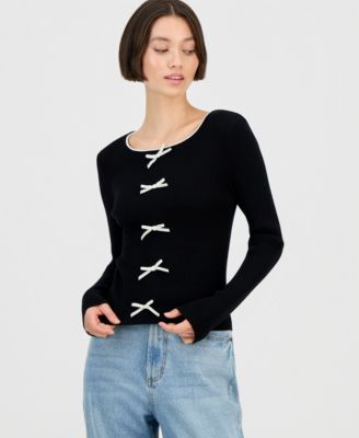 Madden Girl - Juniors' Crewneck Bow-Trim Long-Sleeve Sweater