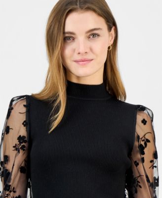Juniors' Mock-Neck Mesh Floral Flocked-Sleeve Top