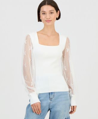 Juniors' Square-Neck Bow-Mesh Sleeve Top