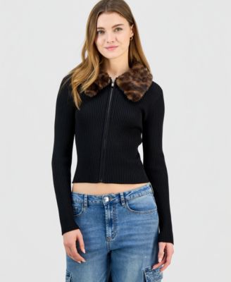 Madden Girl - Juniors' Faux-Fur-Collar Sweater Coat