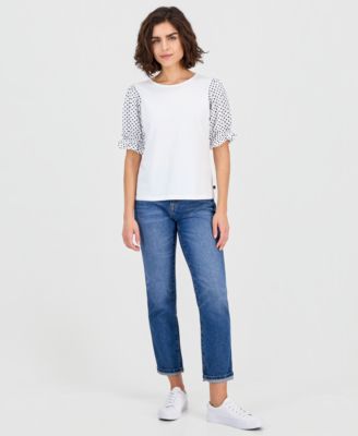 Women's Round-Neck Contrast-Puff-Sleeve Top