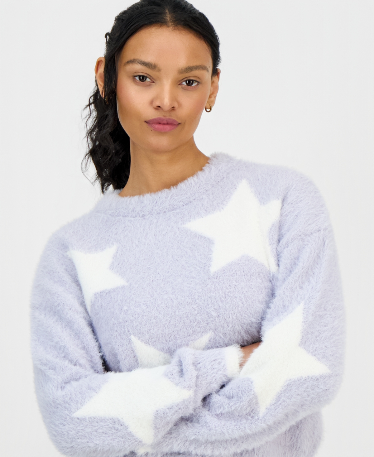 Hooked Up by Iot Juniors' Crewneck Long-Sleeve Eyelash Sweater