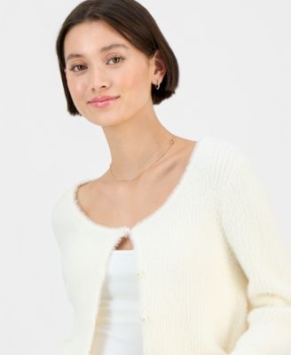 Juniors' Eyelash Faux-Pearl Button-Front Cardigan 