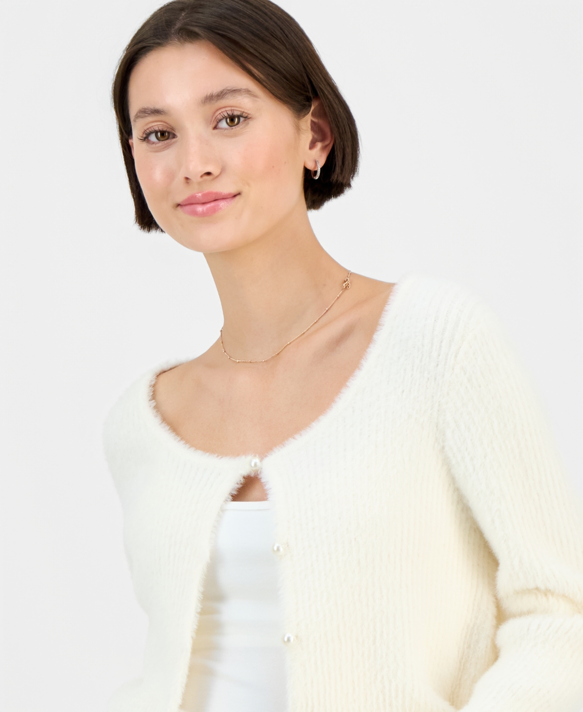 Hooked Up By Iot Juniors' Eyelash Button-front Cardigan In White