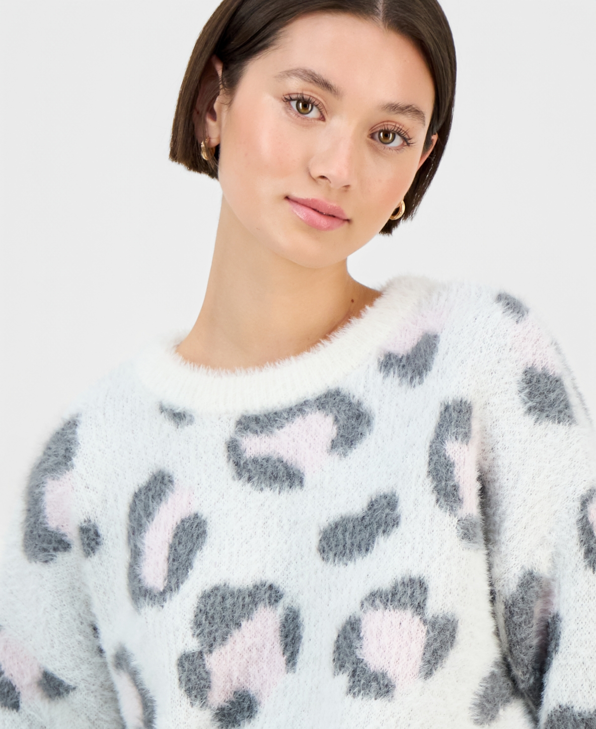 Hooked Up By Iot Juniors' Crewneck Animal-graphic Eyelash Sweater In White
