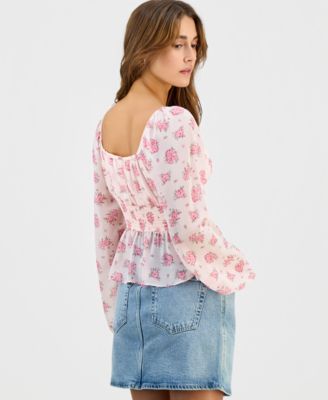 Juniors' Long Sleeve Button-Front Blouse