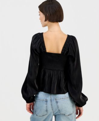 Juniors' Long-Sleeve Pintuck Bust Woven Top