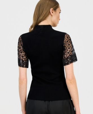 Women's Beaded-Sleeve Mock Neck Sweater