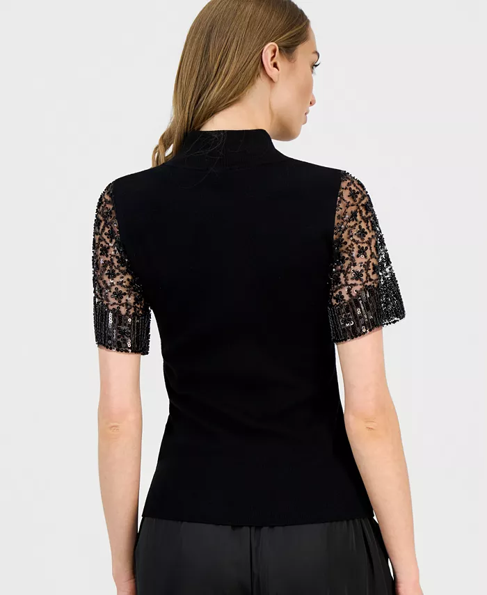 Women's Beaded-Sleeve Mock Neck Sweater - thumbnail 5