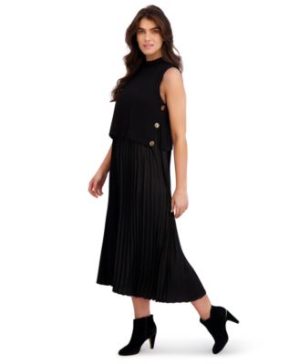 Petite Pleated Knit Mock Neck Midi Dress