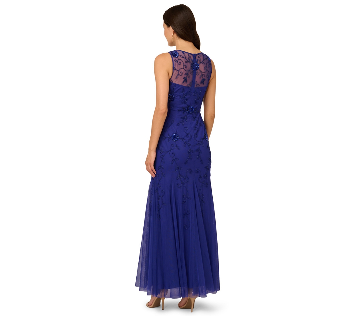 Adrianna Papell Placed Beaded Floral Mesh Mermaid Gown In Blue
