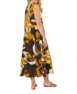 Women's Cotton Leaf Midi Sleeveless Shirt Dress