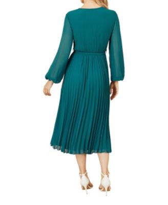 Women's Long Sleeved Pleated Midi Wrap Dress