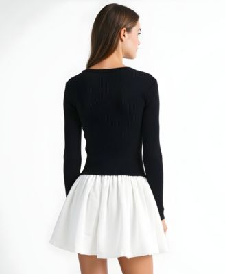 Women's Ribbed Long-Sleeve Fit-and-Flare Mini Dress