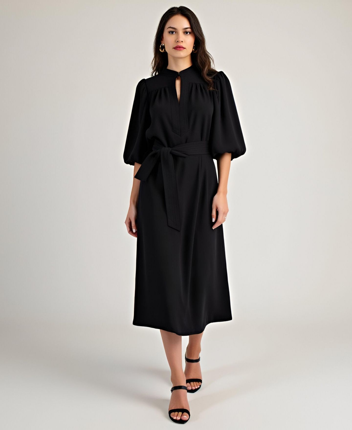Женское платье Modenaire Lark Puff Sleeve Self-Tie Midi, цвет: Чёрный — фото 5