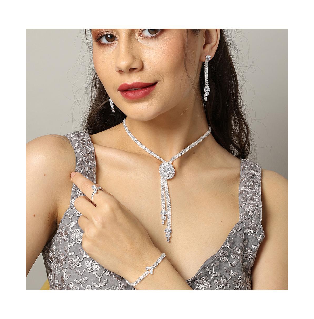 Sohi Women's Silver Bling Drop Necklace, Earrings, Bracelet And Ring (Set Of 4)