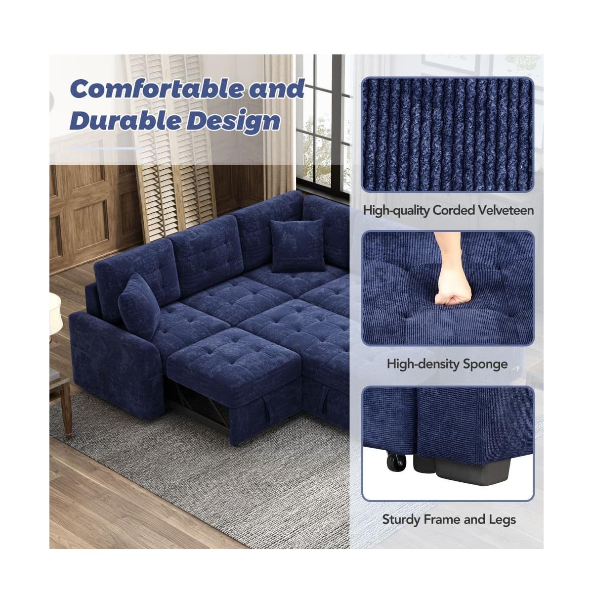 Maison Boucle 82.6" L-Shaped Pull Out Sleeper Sofa with Usb Ports, Power Outlets & Wheels, Modular Sectional Sofa Bed for Living Room