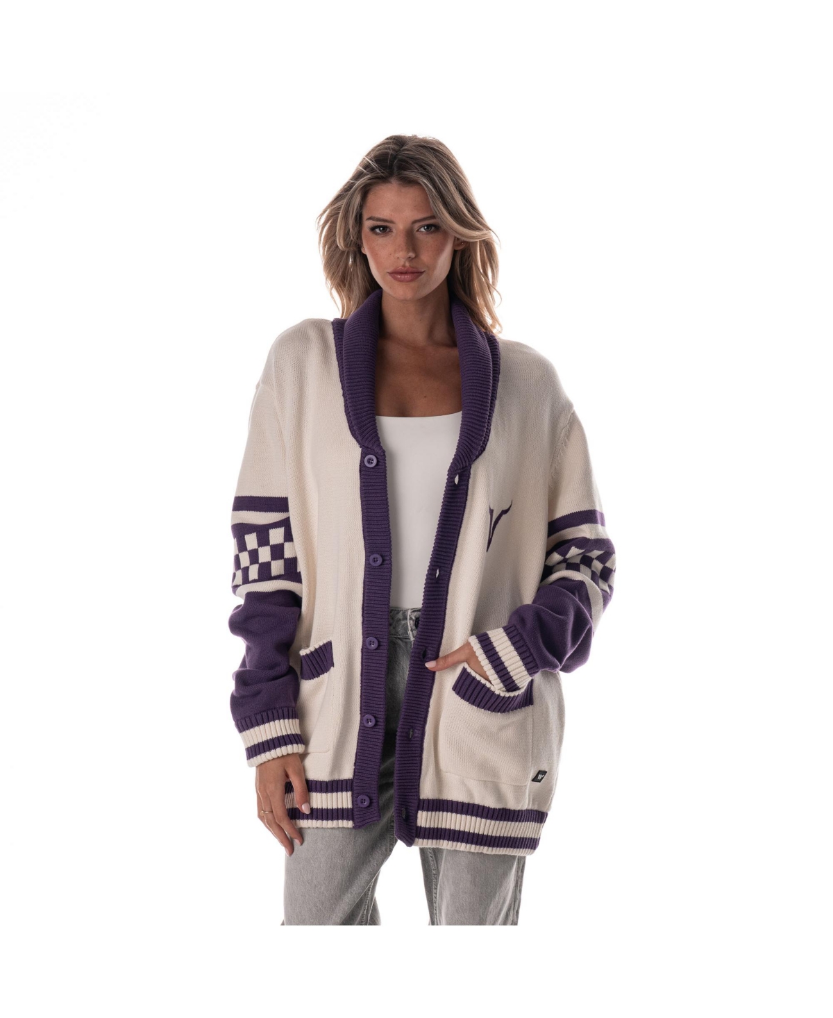 The Wild Collective Men's And Women's Cream Minnesota Vikings Jacquard Rolled Collar Button-up Cardigan Sweater In White