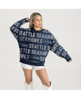 Gameday Couture - Women's College Navy Seattle Seahawks Relaxed Drop Shoulder Hype Era Rhinestone Text Sweatshirt