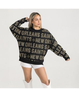 Gameday Couture - Women's Black New Orleans Saints Relaxed Drop Shoulder Hype Era Rhinestone Text Sweatshirt