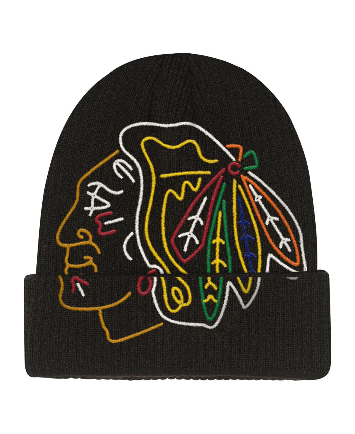 Mitchell & Ness Big Boys And Girls Black Chicago Blackhawks Neon Line Lights Cuffed Knit Hat In Black