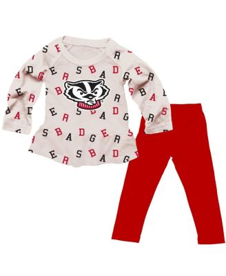 Wes & Willy - Girls Toddler 2-Piece Oatmeal Wisconsin Badgers Ruffle Raglan Long Sleeve T-Shirt and Leggings Set