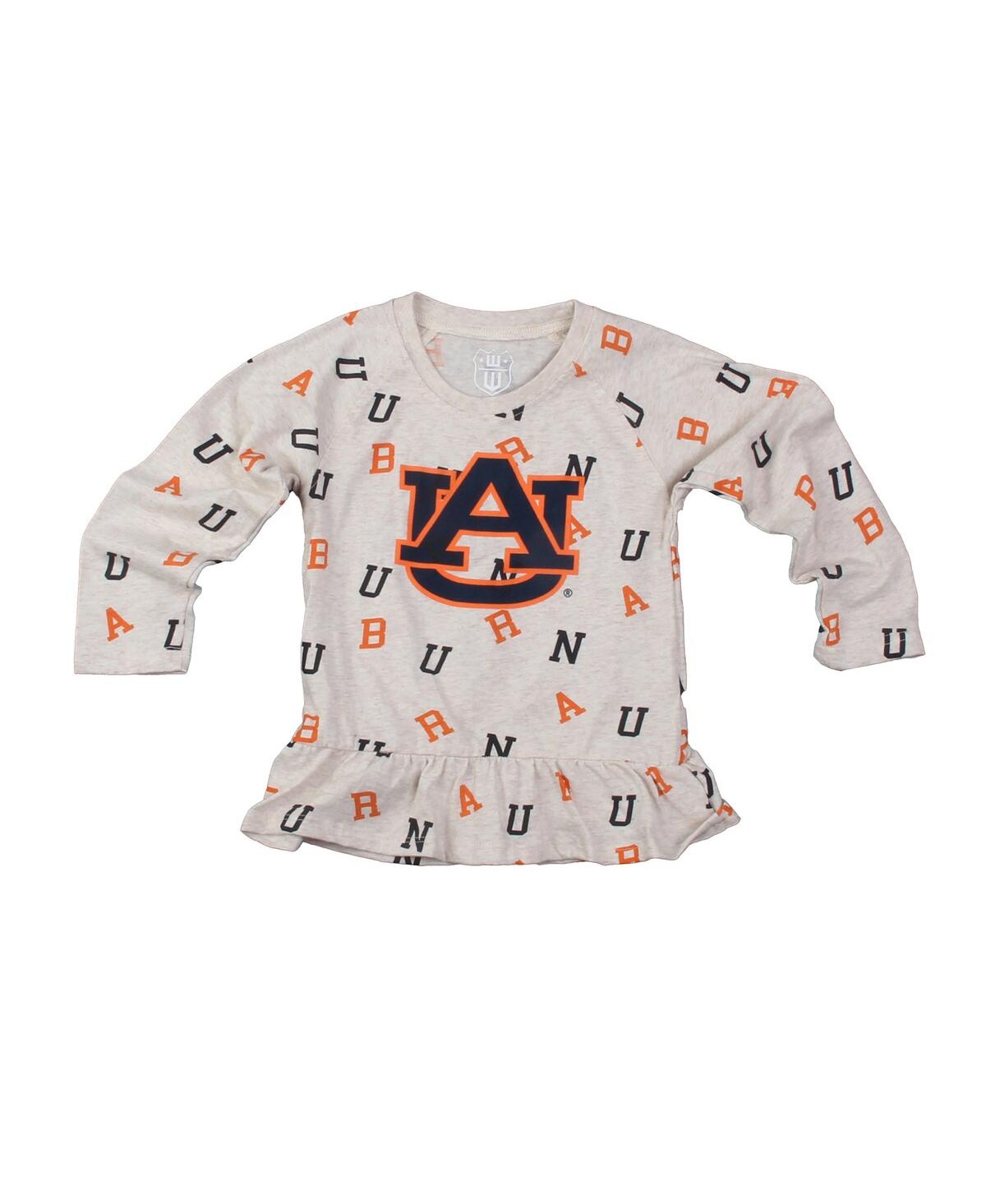 Wes & Willy Girls Toddler 2-piece Oatmeal Auburn Tigers Ruffle Raglan Long Sleeve T-shirt And Leggings Set In Brown
