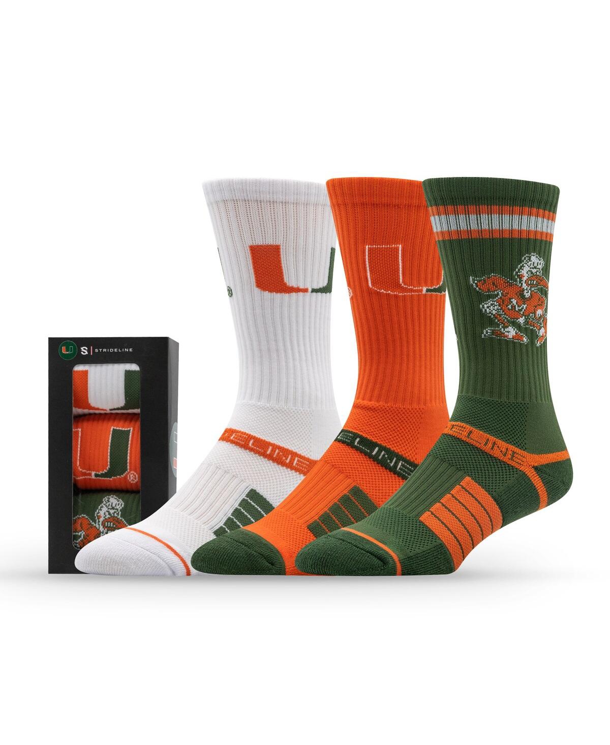 Strideline Men's And Women's 3-pack Miami Hurricanes Premium Knit Crew Socks In Orange