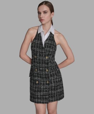 BCBG - Women's Plaid Boucle Twofer Halter Neck Dress