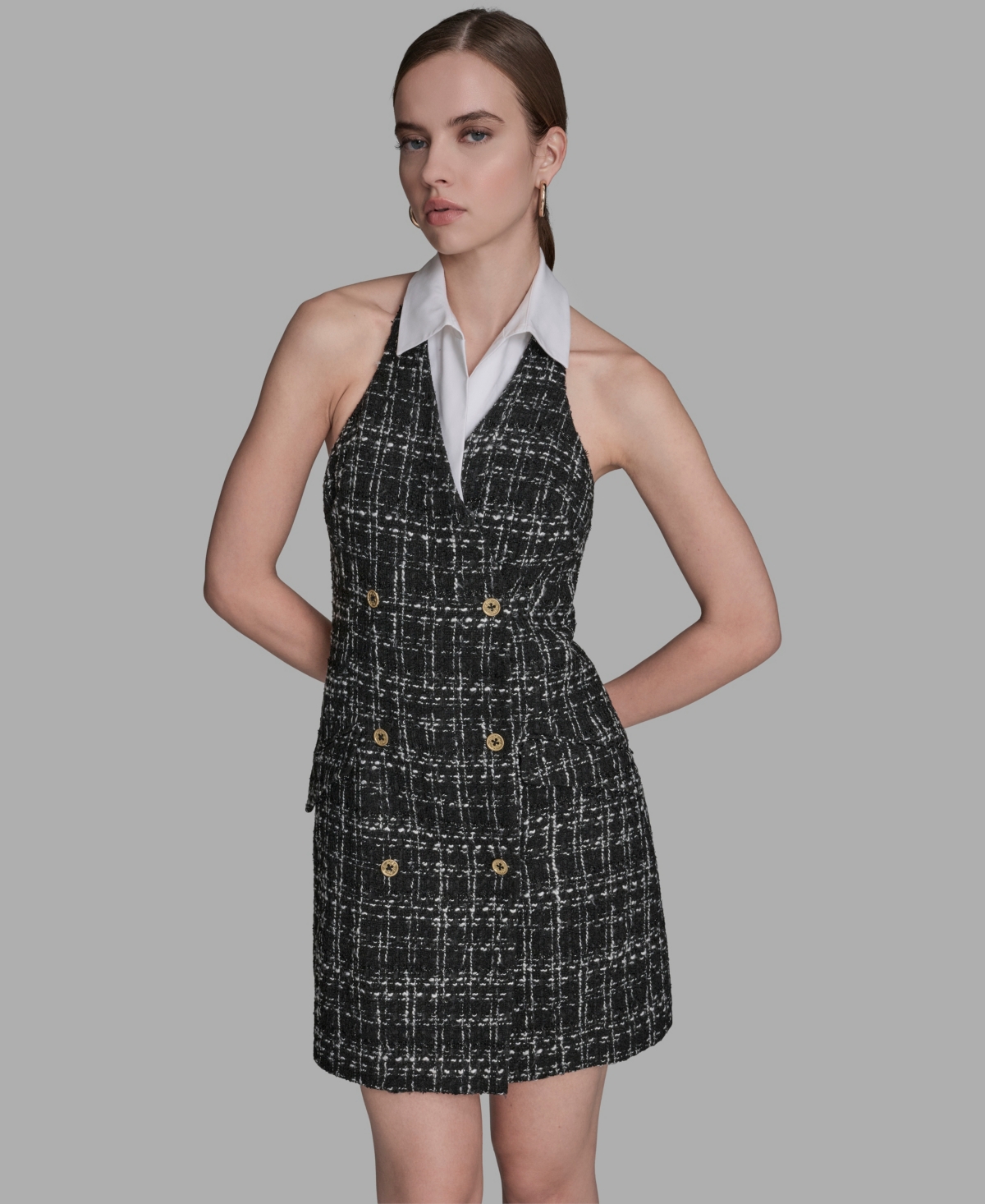 Bcbg Women's Plaid Boucle Twofer Halter Neck Dress