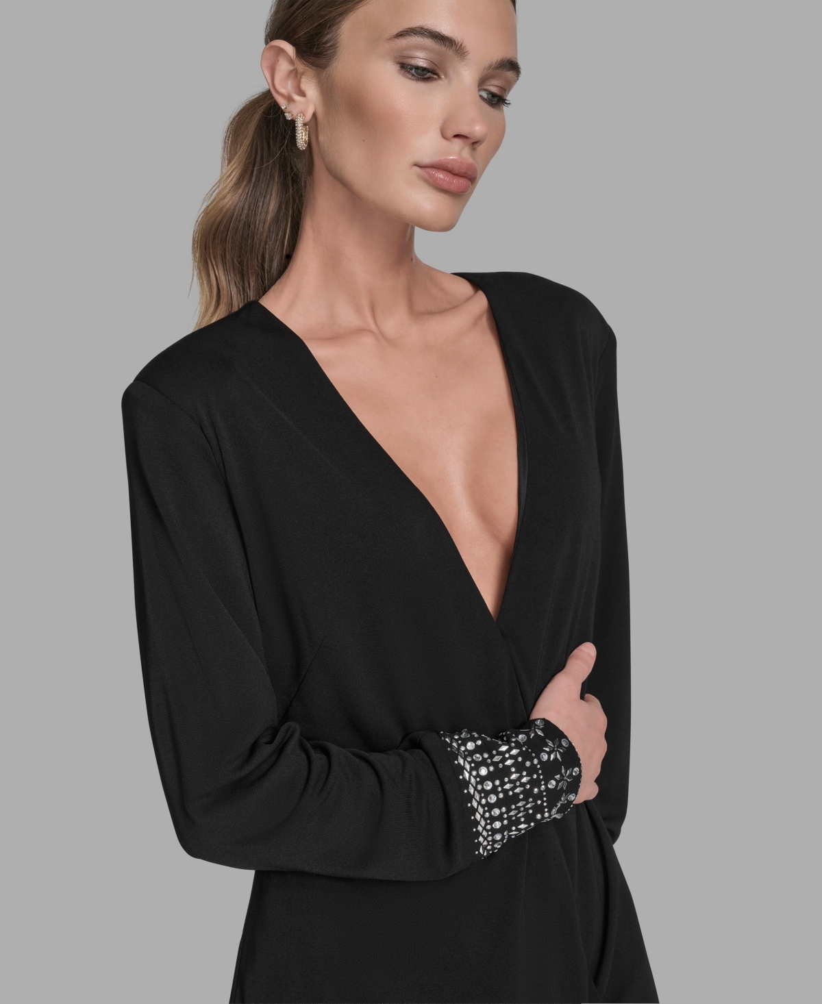 Bcbg Rhinestone Detail Long Sleeve Dress In Black