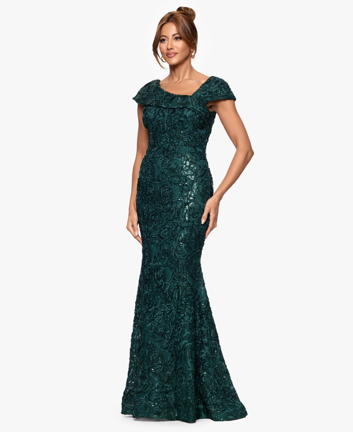 Xscape Petite Long Lace Asymmetrical Neck Dress In Green