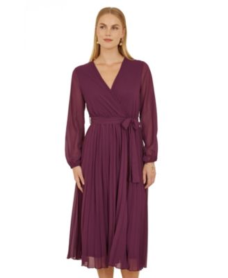 Women's Long Sleeved Pleated Midi Wrap Dress