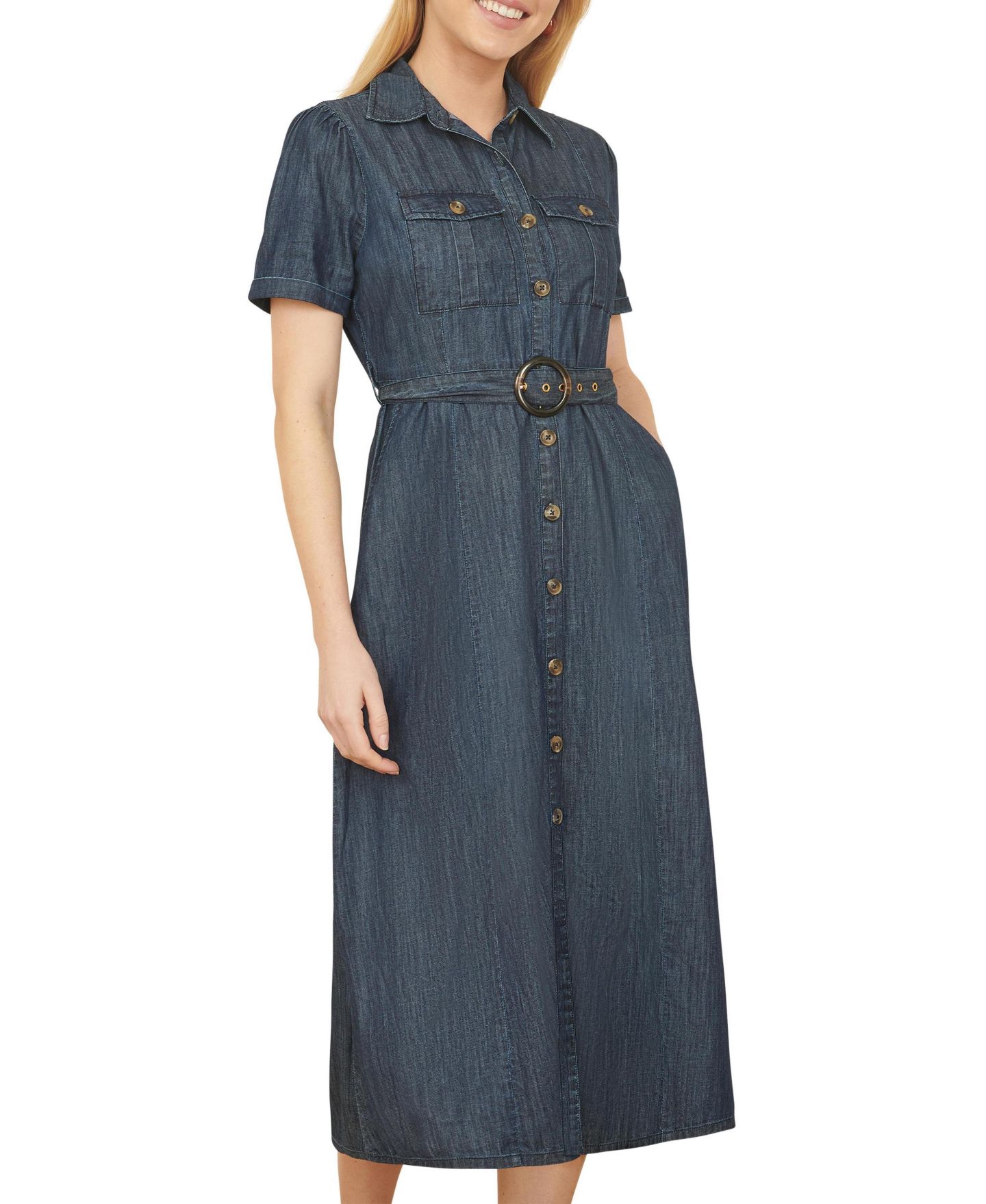 Женское платье Yumi Chambray Denim Utility Midi Shirt Dress, цвет: Синий — фото 8