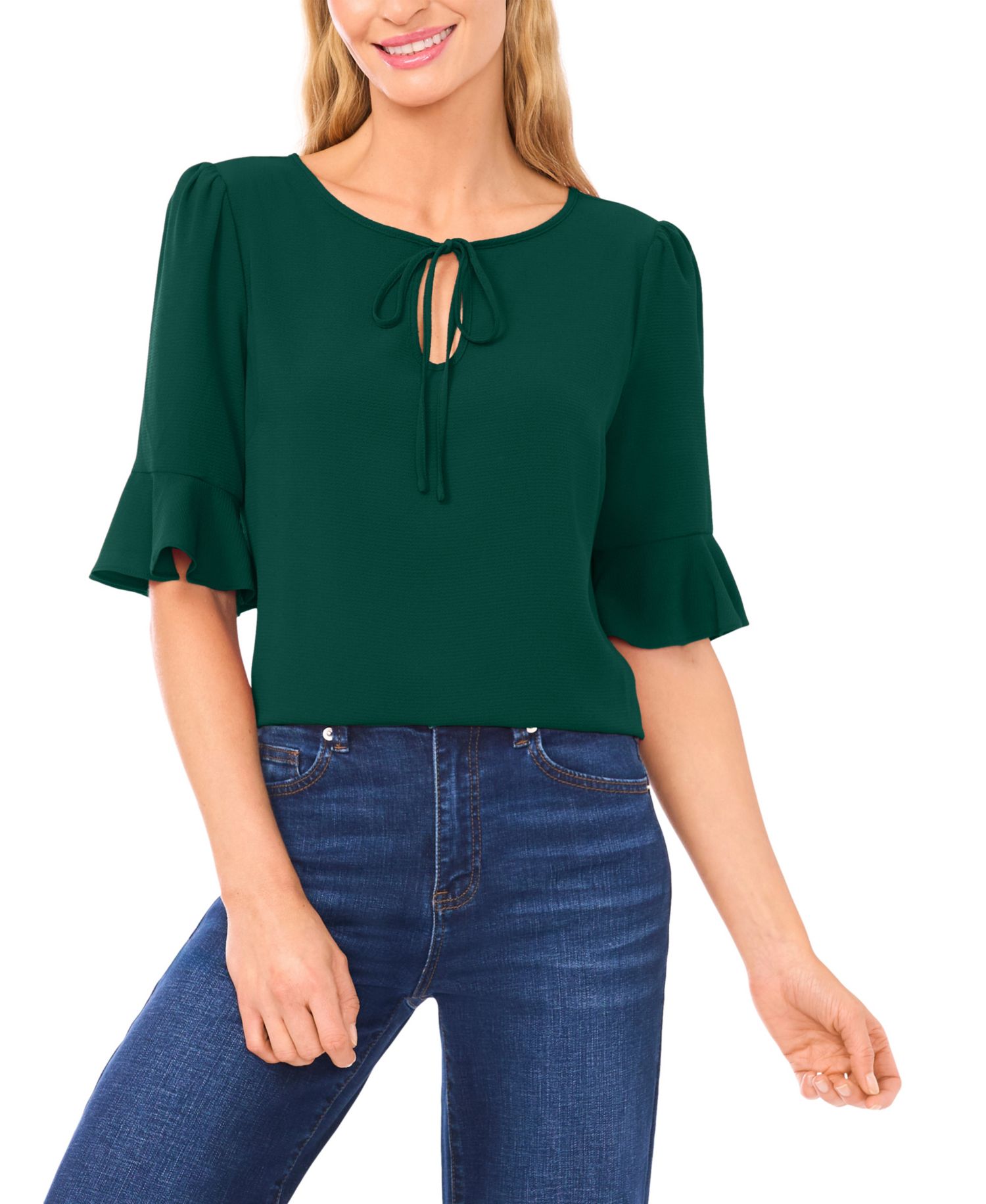 Women's Split Tie Neck Ruffle Cuff 3/4-Sleeve Top