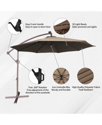 11FT Solar Offset Umbrella with 32 LED Lights Cantilever Hanging Outdoor Umbrellas Handy Crank & Cross Base for