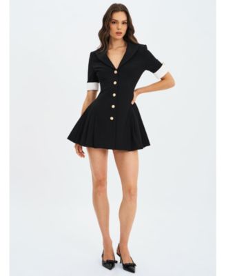 Women's Ilitha Black Woven Crepe Pleated A-Line Mini Dress