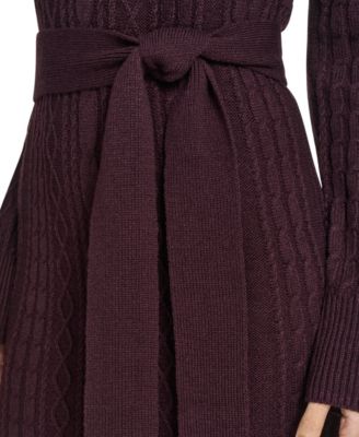 Women's Long Sleeve Mock Neck Belted Midi Sweater Dress