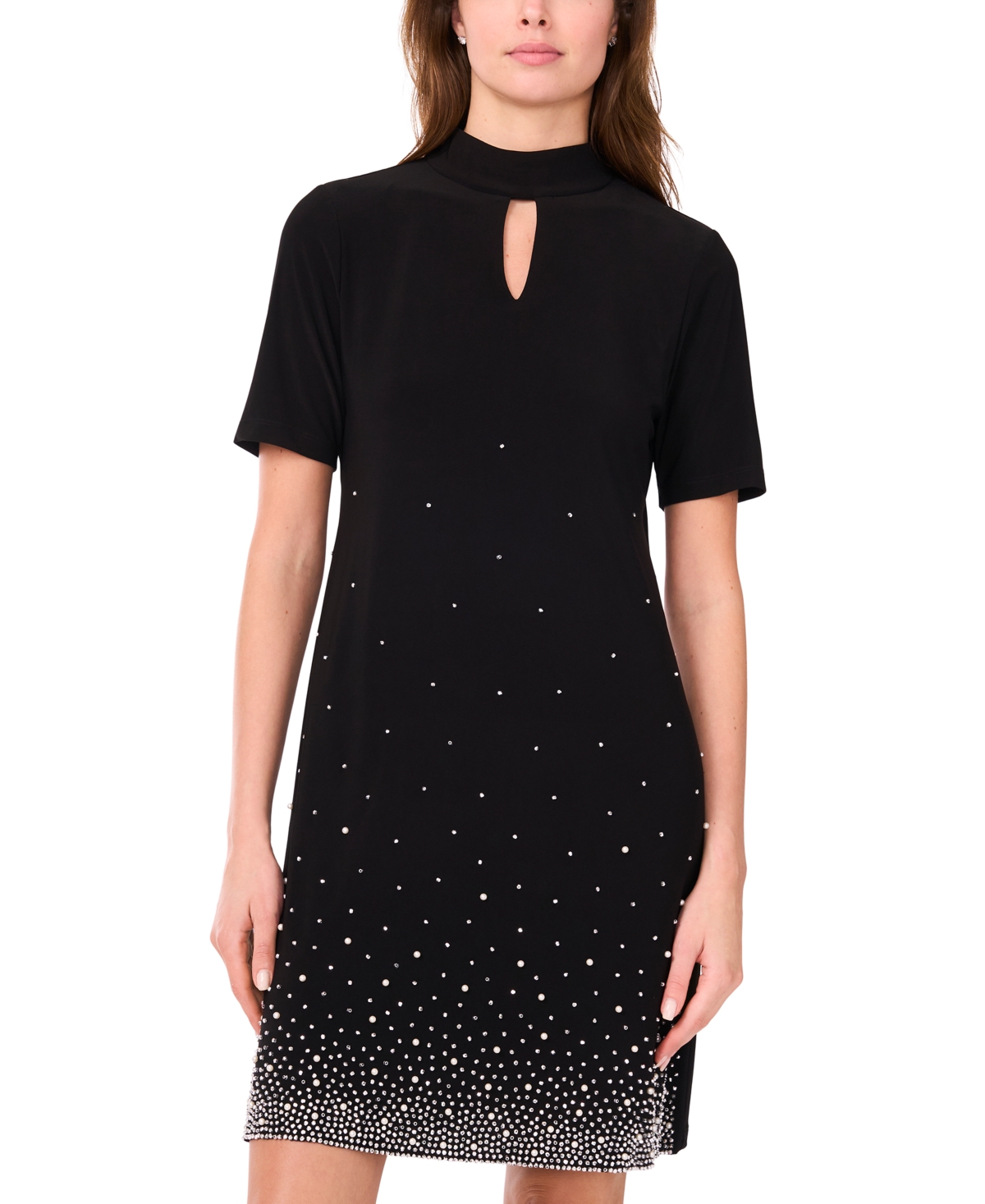 Msk Petite Short Sleeve Keyhole Beaded Dress In Black