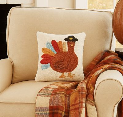 Colorful Turkey Tail Pilgrim Hat Hooked Mini Thanksgiving Accent Pillow 10" x 10"
