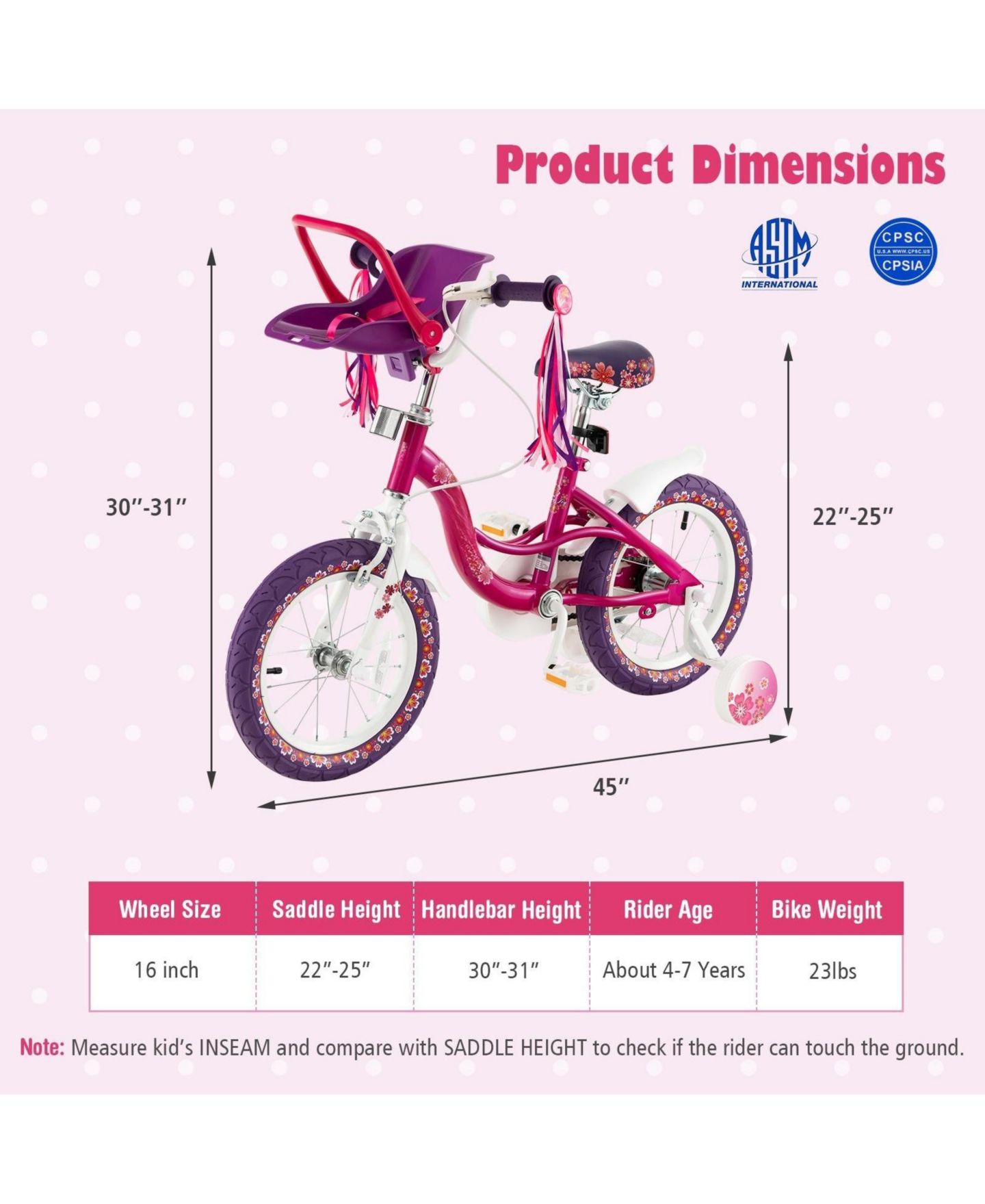 Детская игрушка HONGGE 16 Inch Kids Bike with Removable Training Wheels and Doll Seat, Ages 4-7, цвет: Розовый / Фиолетовый — фото 3