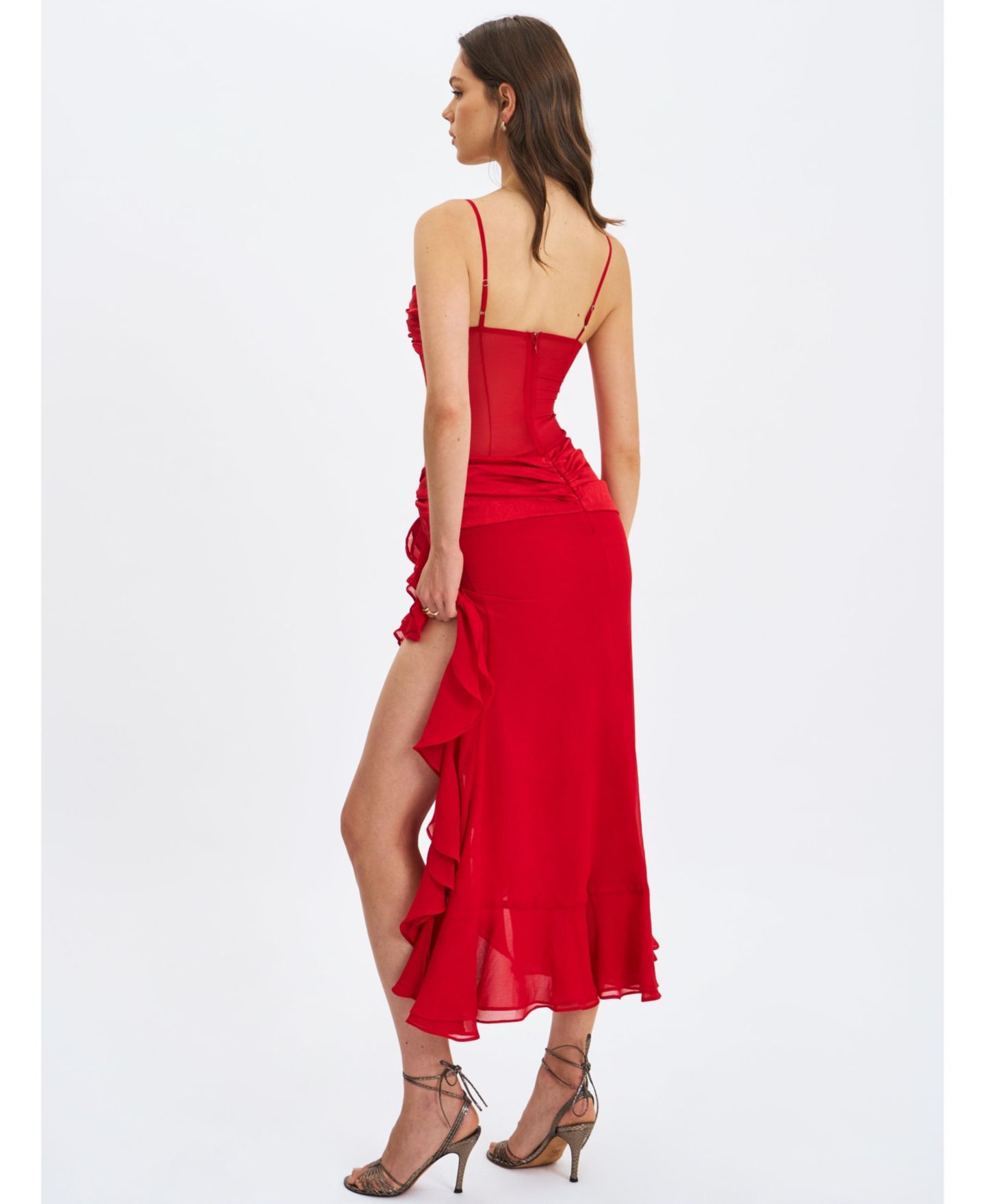 Женское платье Miss Circle Dahlina Red Ruched Waist High Slit Maxi, цвет: Красный — фото 8