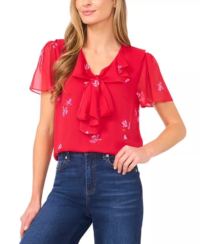 Women's Floral Short Sleeves Ruffle Tie-Front Top