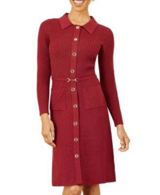 Women's Belted Rib Knit Midi Dress With Pockets