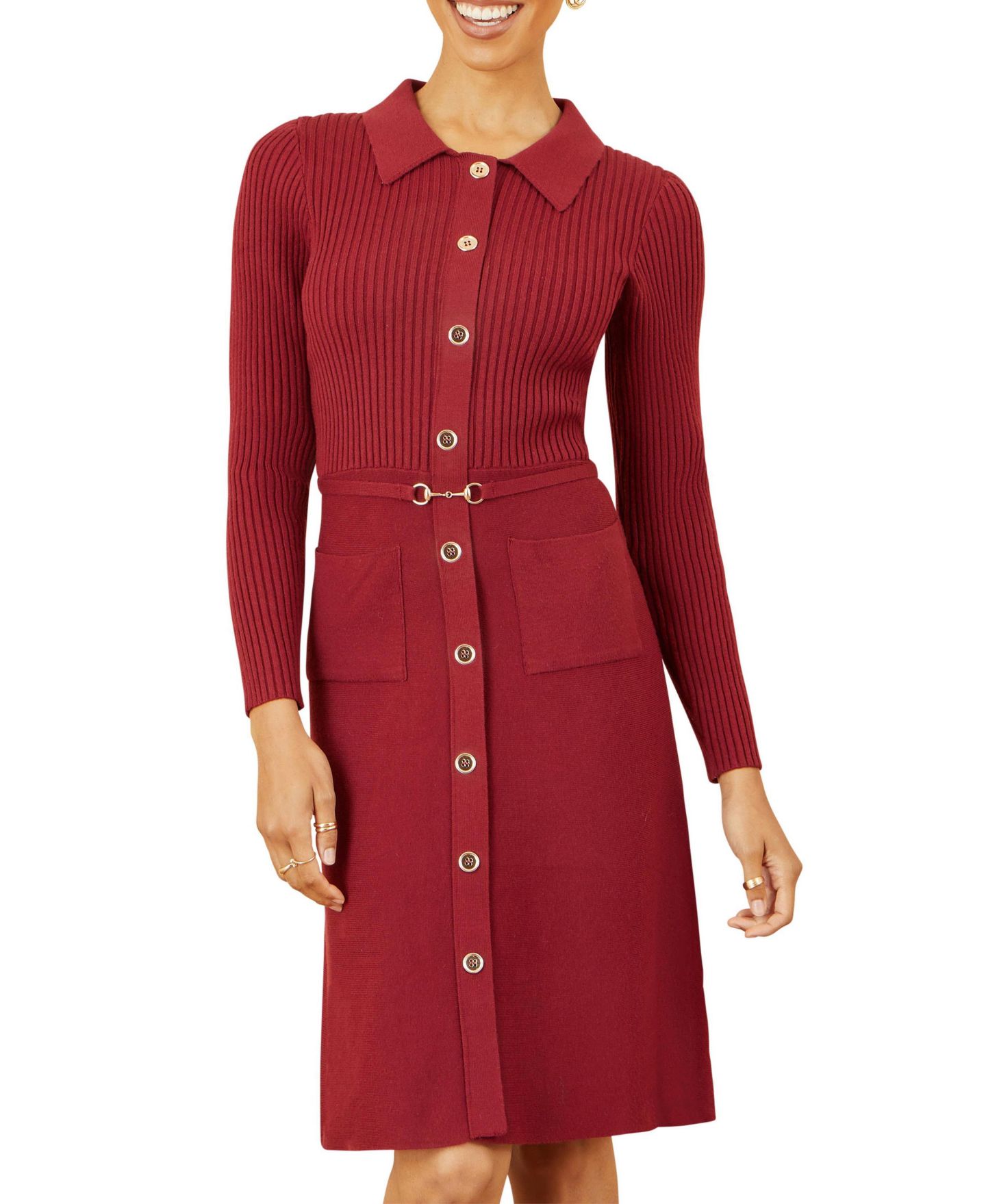 Женское платье Yumi Belted Rib Knit Midi With Pockets, цвет: Бордовый — фото 7