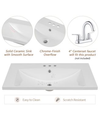 30" Single Bathroom Vanity Top with Basin, 3-Faucet Holes, Ceramic Construction
