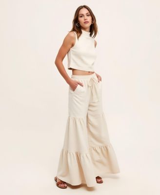 Women's Sleeveless Textured Mock-Neck Crop Top & Tiered Wide-Leg Drawstring Pants 2-Pc. Set